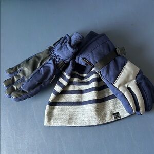 Cozy Blue Navy and Gray Striped Hat and Gloves Set